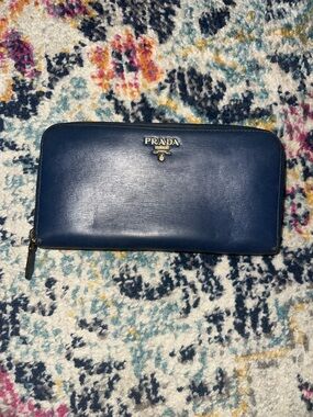 Prada Navy Blue Leather Long Zippy Wallet Gold Logo EUC